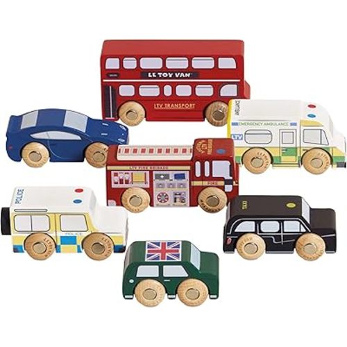 Le Toy Van London Car Set Premium Wooden Toys for Kids Ages 3 Years & Up (TV267), 7-pk