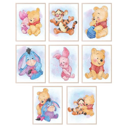 BigWig Prints Winnie the Pooh Nursery Decor - Winnie the Pooh Wall Art, Baby Nursery Wall Decor, Childrens Poster Prints for Classroom, Piglet Tigger Rabbit Eeyore Gifts - Unframed Set of 8 (8x10)