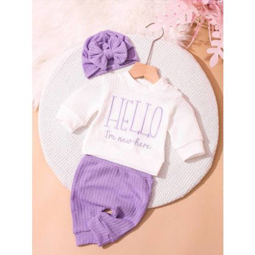 SHEIN Newborn HELLO Letter Embroidered Outfit Set, Infant Tops, Bottoms, Hat, Baby Photography Clothes For 1 Month To 100 Days Old, Unisex Fall Winter | SHEIN USA