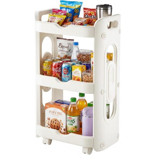 Multi-Functional 3 Tier Rolling Storage Cart, Rolling Utility Cart On Wheels for Storage of Books/Snacks/Toys for Small Spaces, Living Room/Kitchen/Bathroom Storage Cart (White)