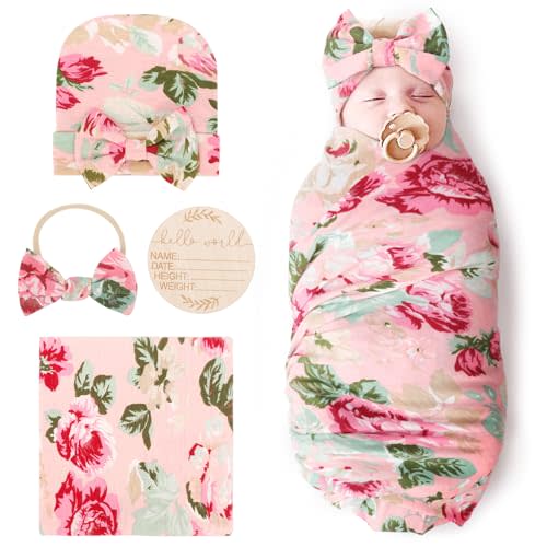 DRESHOW BQUBO Baby Girl Newborn Receiving Blanket with Bow Hat Headband Wooden Birth Announcement Card Set Baby Floral Print Nursery Swaddle Wrap