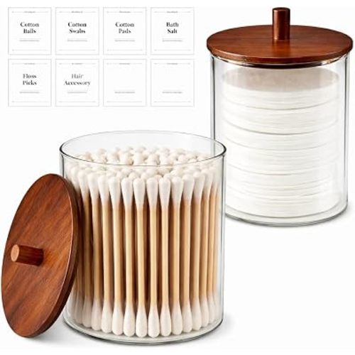 Glass Qtip Holder Dispenser Set - 15oz & 10oz Cotton Swab Holder with Acacia Wooden Lids, Bathroom Canisters Apothecary Jar Vanity Storage Organizer for Cotton Balls, Floss Picks (2 Pack)