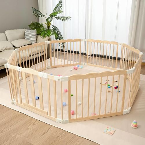 Baby Playpen Natural Wood Playpen for Babies and Toddlers Portable Infant Play pens for Kids Extra Large Toddler Wood Fence Play Area with Suction Cups
