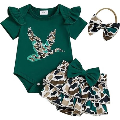 Hunting Baby Girl Clothes Mallard Duck Embroidery Short Sleeve Romper Ruffle Tutu Shorts Set Newborn Summer Outfit