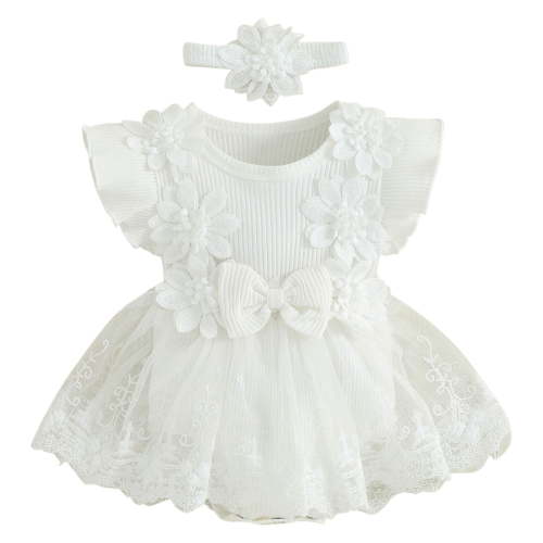 Edvintorg Baby Girl Newborn Clothes Summer 0-18 Months Infant Cotton Outfits Sleeveless Skirt Baby Girl Flower Lace Bow Tie Dress Romper Hair Band Set