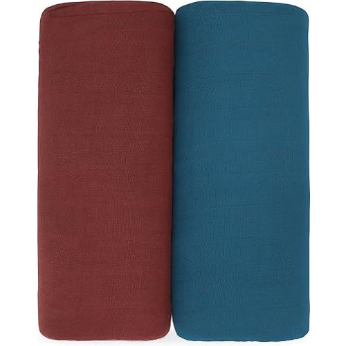 Comfy Cubs Muslin Swaddle Blankets Pack of 2 - 47 x 47 Inch Soft Cotton Baby Blanket Set, Large Multipurpose Wraps for Newborns - Self-Soothing Swaddles for Newborns - Wine & Neptune