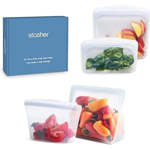 Stasher Silicone Reusable Storage Bags, 4-Pack Starter Kit, Reusable Freezer Bags, Microwave, Dishwasher, Oven Safe, Sous Vide, Premium Lunch Containers, Eco Friendly, Food Storage Bags, Clear