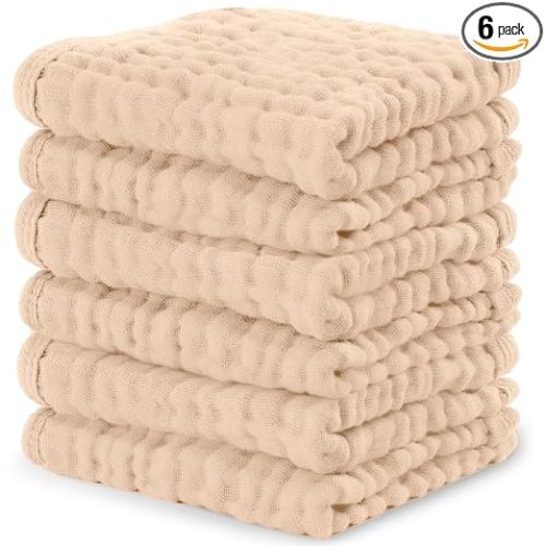 Comfy Cubs Muslin Baby Washcloths 6 Pack - Soft 6-Layer Cotton Wash Cloths for Sensitive Skin - 10"x10" Large, Gentle, Absorbent Infant Essentials for Newborn and Toddlers - Cream