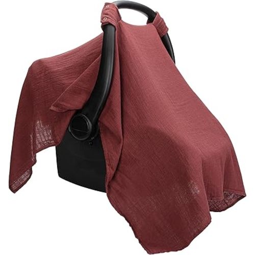 Comfy Cubs Baby Car Seat Cover - Soft, Breathable Bamboo Rayon and Muslin Cotton Blend - Lightweight Canopy for Sun, Bug, and Comfort Protection - Large Size Infant Seat Cover in Wine Design