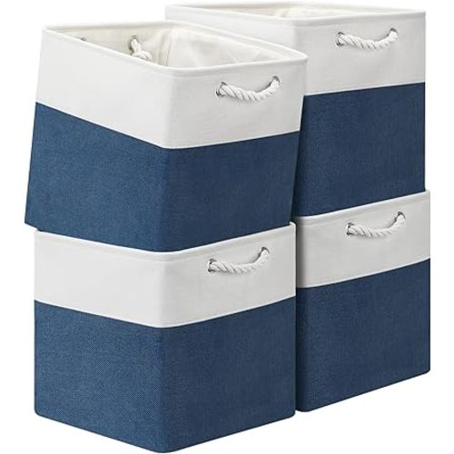 13x13 Storage Cube Bins 4Pack,Collapsible Cube Storage Organizer for Closet, Fabric Storage Box w/ Rope Handles, Foldable Storage Baskets for Shelves, Clothes,Closet Organization - White/Blue