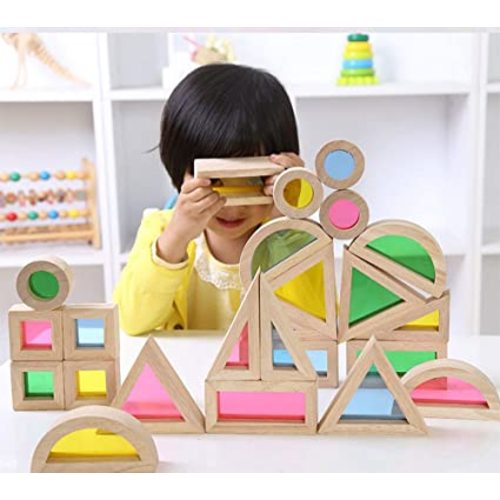 Agirlgle Wood Building Blocks Set for Kids 24 Pcs Rainbow Stacker Stacking Game Construction Building Toys Set Preschool Colorful Learning Educational Toys - Geometry Wooden Blocks for Boys & Girls