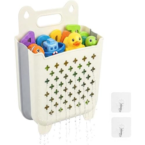 Bath Toy Basket, Stand Up Bath Toy Bin, Foldable Bath Toy Holder for Bathtub, Quick Drain Drying Shower Toy Basket for Easy Access to Toys, Large Capacity Wall Mounted Bath Toy Organizer