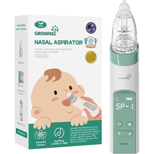 GROWNSY Nasal Aspirator for Baby, Electric Nose Aspirator for Toddler, Baby Nose Sucker, Automatic Nose Cleaner with 3 Silicone Tips, Adjustable Suctions, Music and Light Soothing Function (Green)