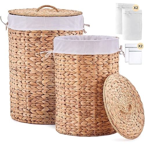 Round Water Hyacinth Laundry Hamper with Lid Handwoven Wicker Basket with Handles for Dirty Clothes, Storage, and Organization Ideal for Bedroom, Bathroom, and Laundry Room, No Assembly Required, 2Pcs
