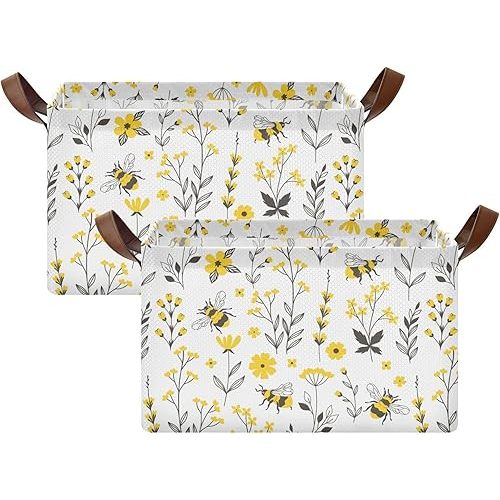 Yellow Wildflower with Bee Storage Basket Foldable Cube Storage Bins with Handles&Labels Waterproof Collapsible Organizer Box Bin Large Decorative Baskets for Shelves Home Living Room Closet, 2 Pack