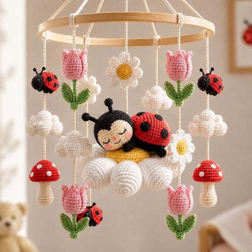 Sleeping Lady Bug Baby Mobile Cribs, Cute Tulip Flower Nursery Hanging Toy, Wooden Arm Decor, Handmade Baby Crib Mobile, Baby Shower Gifts
