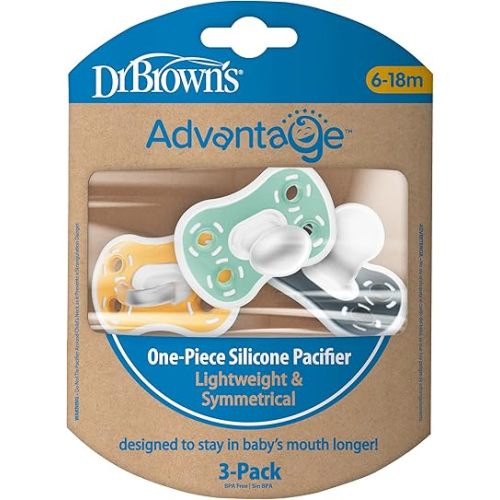 Dr. Brown's Advantage One-Piece Silicone Baby Pacifier, Fully Symmetrical Soother, Dark Gray/Green/Yellow, 6-18m, BPA Free, 3 Pack
