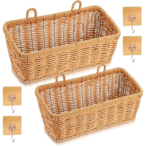 2 Pcs Woven Hanging Wall Baskets for Storage Boho Style Hanging Storage Plastic Woven Baskets with 4 Hooks for Kitchen Garden Living Room(Light Brown, Imitation Rattan Plastic)
