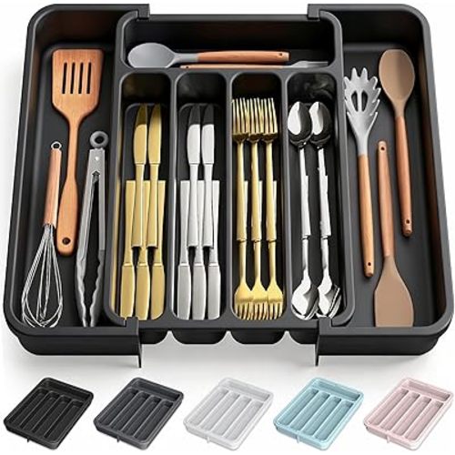 Aujen Silverware Organizer - Expandable Kitchen Drawer Organizer, Adjustable Utensil Organizer, Cutlery Tray for Forks, Knives, Multipurpose Kitchen Organizers and Storage Solution, Black, Medium