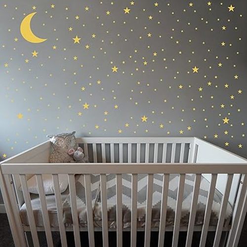 Moon and Stars Wall Decals,Removable Vinyl Wall Stickers for Baby,Kids,Boys,Girls Bedroom,Nursery Decoration A02 (Gold)