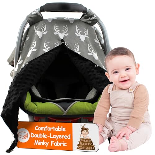 Dear Baby Car Seat Canopy 40”x30” Soft Lightweight Fabric–Antler Grey Black | Easy to Wash with Cute Patterns & Vibrant Colors – Crafted For Little Ones, Ideal for Milk Time, Summer Days & Cooler Weather