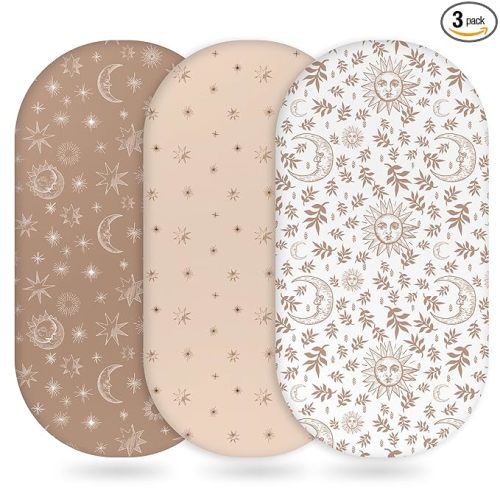 Unnivoll Baby Bassinet Sheets Girl Boy, Fitted Bassinet Sheet Set 3 Pack Bassinet Mattress Sheets Universal Fit for Rectangle, Round, Oval, Hourglass Mattress, Soft Breathable White Brown Sun God