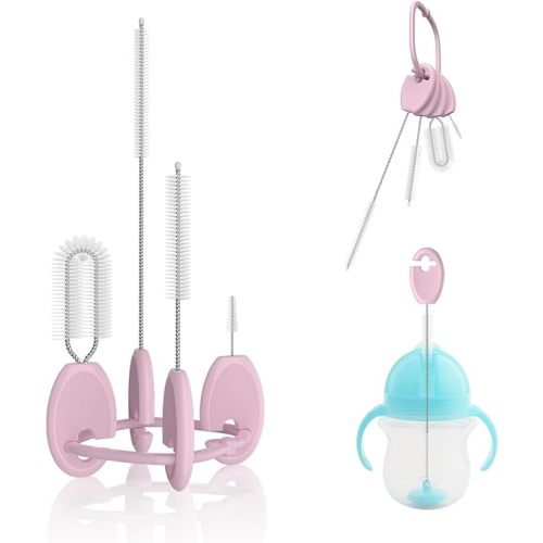 Straw Cleaner Brush Set for Baby Bottles, 4-in-1 with Stand and Key Ring, Pink