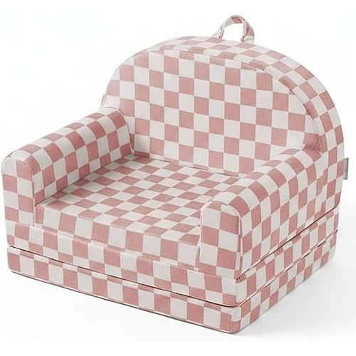 Blissful Diary Foldable Toddler Couch, 2-in-1 Comfy Toddler Chair & Lounger for Reading, Playroom, Kids Couch Sofa for Girls Boys Birthday Gift, Blush Checkered