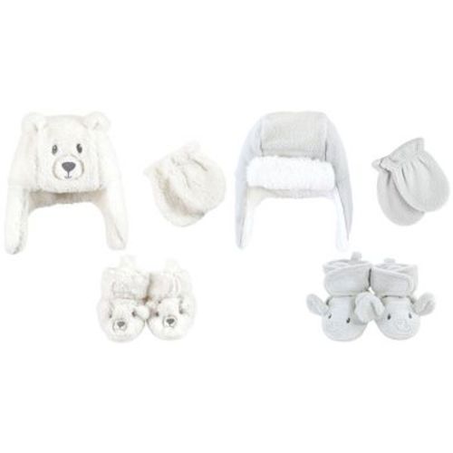 Hudson Baby Trapper Hat, Mitten and Bootie 6pc Set, Cream Bear Gray Elephant, 6-12 Months