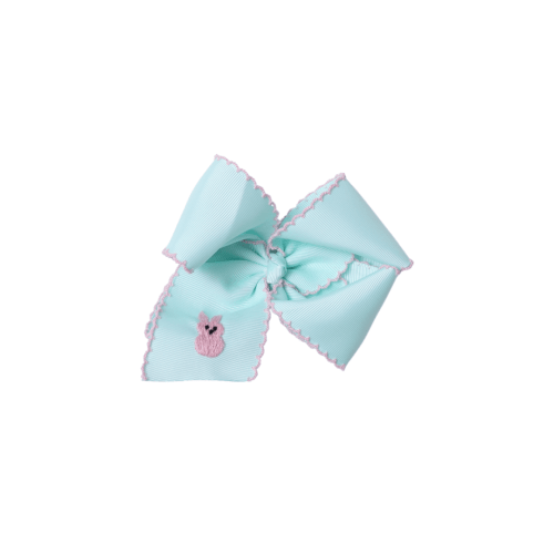 Scalloped Edge Grosgrain Bow with Embroidered Peep Mint/Pink