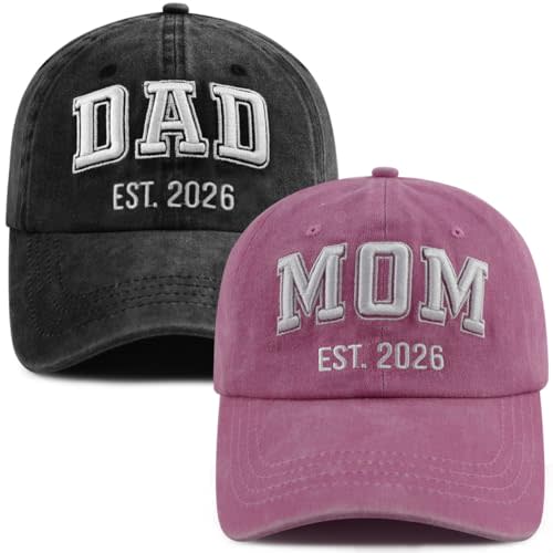 SHANVANKE 2PCS Dad and Mom EST 2026 Hats for Men Women, Funny Adjustable Cotton 3D Embroidered New Parents Gifts Baseball Cap