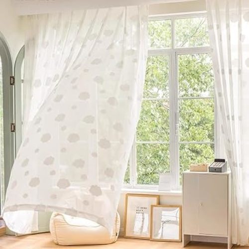 GYROHOME White Lovely Embossed Cloud Sheer Curtains Sunlight Filtering Rod Pocket 3D Cute Cloud Embroidered Voile Drapes for Bedroom, 2 Panels, 46x90inch