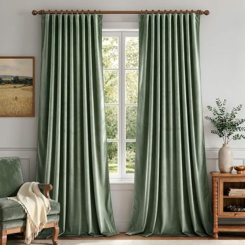 MIULEE Sage Green Velvet Pinch Pleat Blackout Curtains W52 X L84 Inches