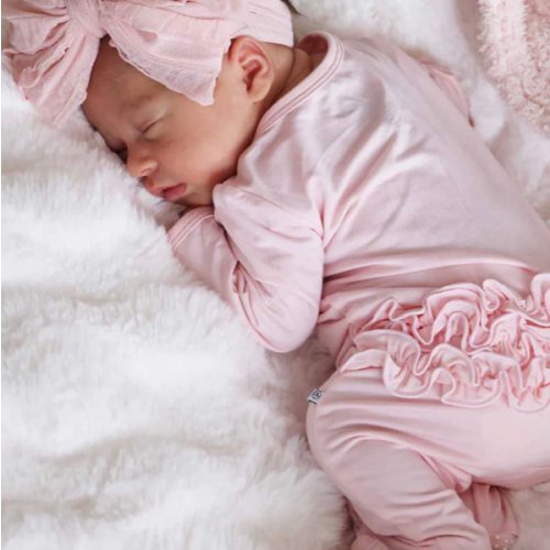 Baby Pink Bamboo Ruffle Zipper Footie