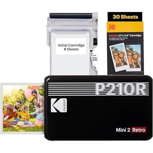 KODAK Mini 2 Retro 4PASS Portable Photo Printer (2.1x3.4 inches) Initial 8 Sheets + 30 Sheets Bundle, Black