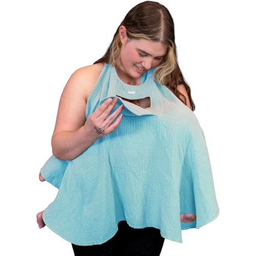 Lookee Looky Muslin Nursing Cover for Baby Breastfeeding –Peekaboo Window -100% Breathable Cotton Privacy Nursing Shawl - Multiuse Apron for Moms-Turquoise