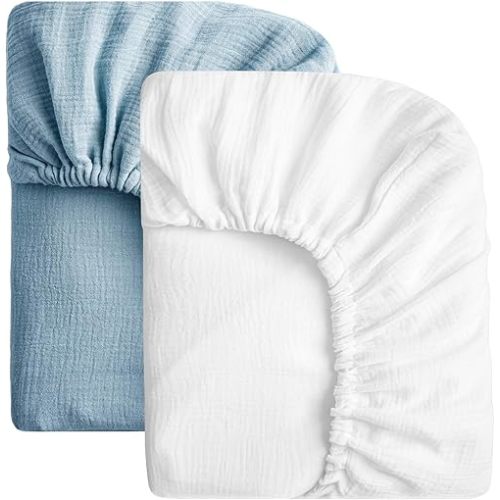 SOULFUL Mini Muslin Crib Sheets for Boys Girls, 2 Pack Soft and Breathable Cotton Fitted Crib Sheets for Standard Crib Mattress (24"x 38", White & Blue)