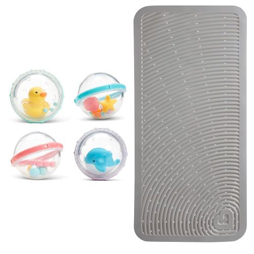 Munchkin® Soft Spot™ Cushioned Bath Mat for Kids, Grey & ® Float & Play Bubbles™ Baby and Toddler Bath Toy, 4 Count