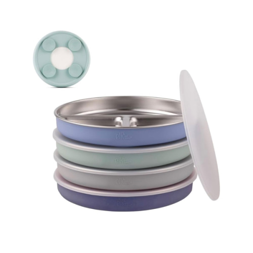 Elk and Friends Stainless Steel Divided Plates with Silicone Sleeve for Babies & Toddlers | Lids Included | Stay Put Suction | Dinner & Snack Plates | 4 Pack