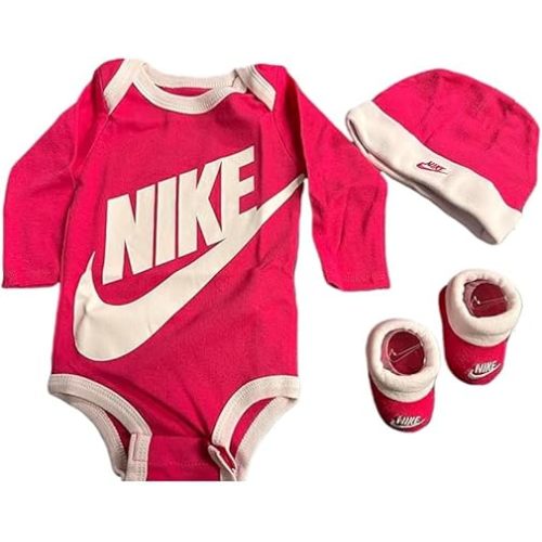 Nike Baby Long Sleeve Bodysuit, Hat and Booties 3 Piece Set (Rush Pink(LN0134-AY4)/White, 0-6 Months) (Pink Rush, 0-6 M)