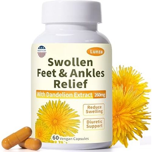 Swollen Feet and Ankles Relief, with 260mg Dandelion, Edema Relief for Legs, Feet & Ankles, Water Retention, Fast-Acting Formula, Natural Ingredients, 60 Vegan Capsules