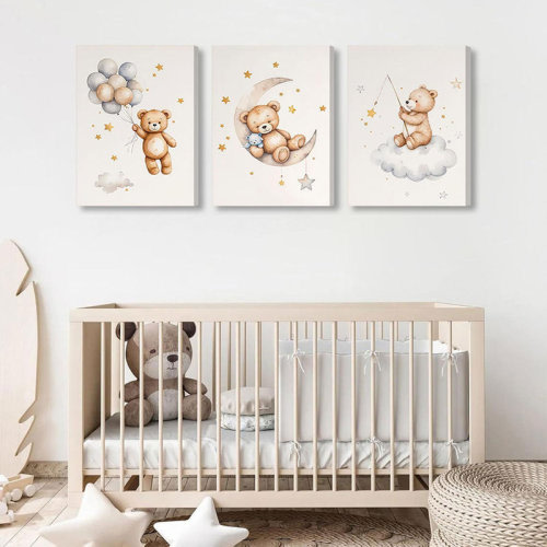 Ophelia & Co. 3 Pcs Framed Teddy Bear Nursery Canvas Wall Art Bear Sleeping On The Moon And Stars Wall Decor Pictures Balloon Cloud Neutral Poster Prints For Kids Baby Room Kindergarten Home Decoration 12X16in | Wayfair