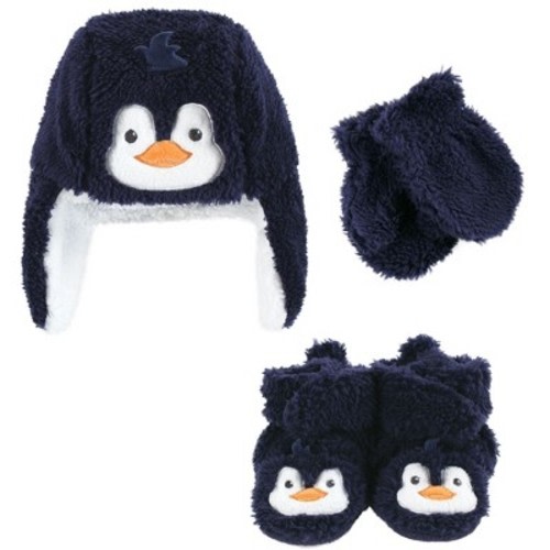 Hudson Baby Infant Boys Trapper Hat, Mitten and Bootie Set, Navy Penguin, 6-12 Months