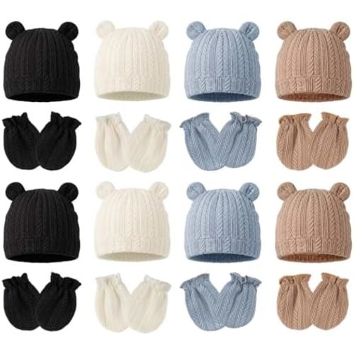 Newborn Baby Girl Hats Mittens Set Cotton Hospital Bow Hat Beanies Caps Gloves for New Born Girls 0-6 Months