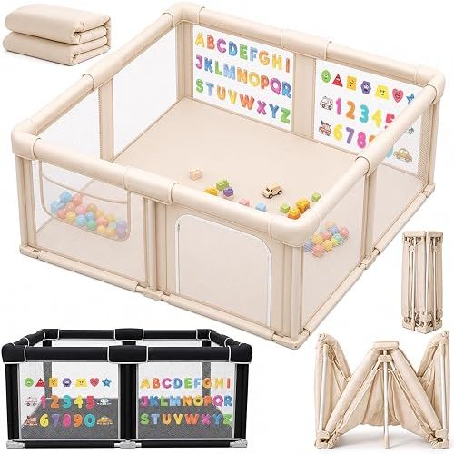 Foldable Baby Playpen 50 x 50 in with Mat, Large Baby Playard Beige