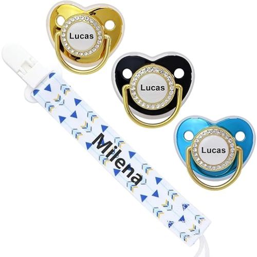 Personalized Pacifier Set with Name, BPA Free, Bling Gold Silver Pink Rose Gold Luxurious Ideal Gift for Newborns (Blue)