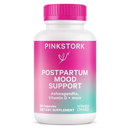 Pink Stork Postpartum Mood Support - Postnatal Hormone Balance for Women - Breastfeeding Friendly - Stress & Cognitive Support, New Mom Essentials - Ashwagandha, Chamomile, & Vitamin D, 60 Capsules