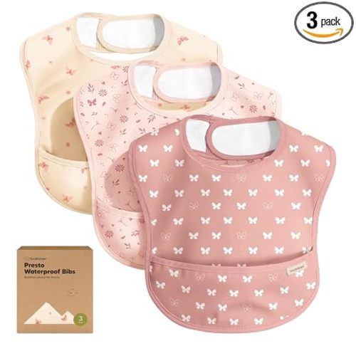 KeaBabies 3-Pack Waterproof Baby Bibs for Eating, Lightweight (Butterflies) | Toddler Feeding Bibs with Large Food Catcher, Mess Proof, Food-Grade, Baby Eating Essentials, Easy to Put On & Clean