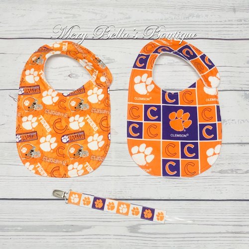 Clemson Tiger Bib, Tiger fan baby shower gift, South Carolina ,USC gamecock bib gif, baby gift and pacifier clip holder,orange purple