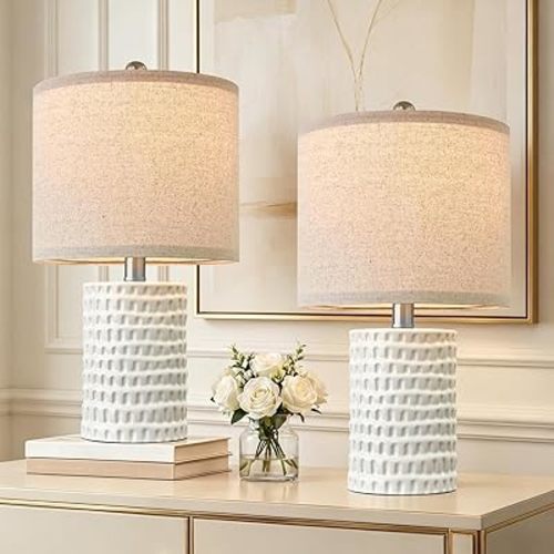 PORTRES 18.25" Modern Accent Ceramic Table Lamp Set of 2 for Bedroom White Desk Decor Bedside Lamps for Living Room Study Room Office Dorm Farmhouse Nightstand Lamp End Table Lamps